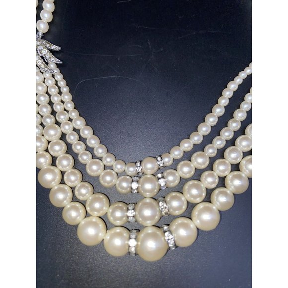 Art Deco Style multi Strand Faux Pearl And Rhinestone Wedding Necklace - Picture 4 of 8